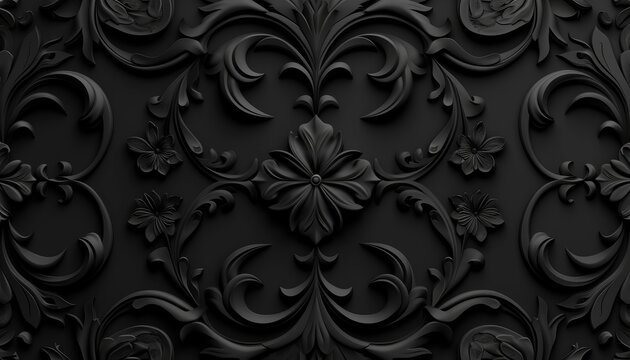 Seamless black damask ornament background, black texture backdrop