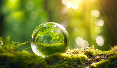 The environment of a green globe in the forest with moss and defocused abstract sunlight for the...