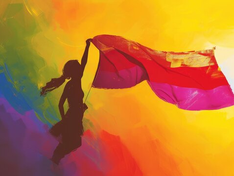 Girl holding rainbow flag. Concept of LGBT pride. AI generated
