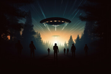 Spaceships flying at dusk and silhouettes of aliens in forest, UFO themed drawing. Generative ai