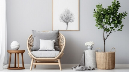 Modern living room interior with wicker armchair, plant and mock up poster frame .