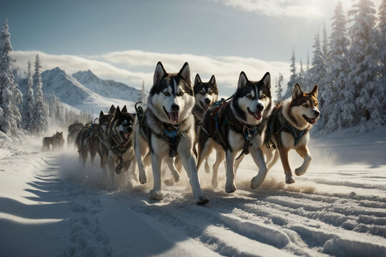 Dog sledding contestant on snowy forest roads
