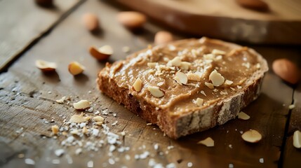 Fototapeta na wymiar Peanut butter on toast bread with nuts on a wooden background.