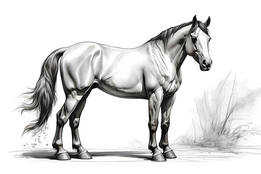 Front view of isolated black white horse illustration on white background