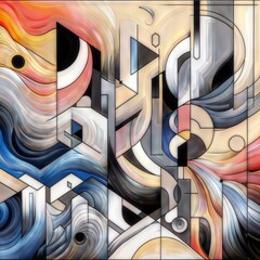 Abstract piece with a grid-like structure, featuring lines and curves in muted colors.