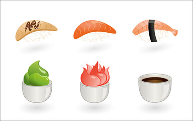 Set of realistic sushi. Nigiri and sauces. Japanese traditional food. Vector illustration.