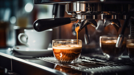 Coffee machine making espresso in coffee shop. Barista making espresso - obrazy, fototapety, plakaty