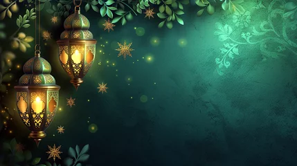 Poster abstract ramadan background, islamic background, lantern with green empty space and sparkles © Majed