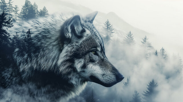 Close up portrait of giant gray wolf head in double exposure of forest mountains. Guarding spirit of nature concept