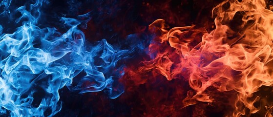 Tongues of blue and red fire on clear black background, cold and hot flames and sparks background design