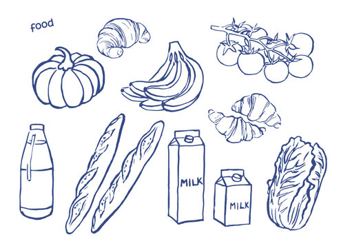 Food, food delivery, supermarket, tomatoes, baget, croissant, bananas, apple, milk, pumpkin, carrots, pineapple, line art, food sketches, illustration