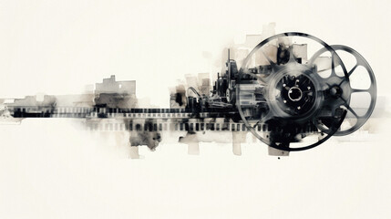 Digital composite of Black and white film reels with cityscape background - Powered by Adobe