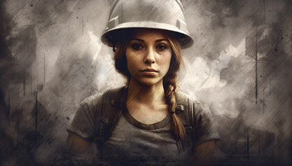 Strong female worker in safety helmet