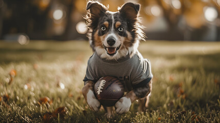Action photograph of dog wearing a grey t-shirt playing american football Animals. Sports