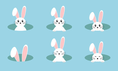 Set of vector Easter bunnies on a blue background. Easter Bunnies. Easter bunny vector icon, rabbit in hole, cartoon ears on blue background. Vector EPS 10