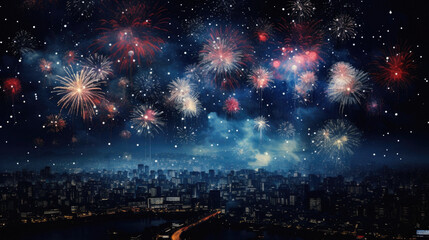 Fireworks over Tokyo cityscape at night, Japan .