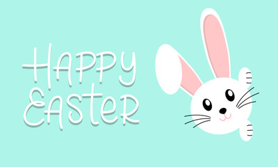 Vector easter banner with cartoon bunny on blue background. Easter banner with the inscription "Happy Easter". Vector postcard, banner for your design. Vector EPS 10