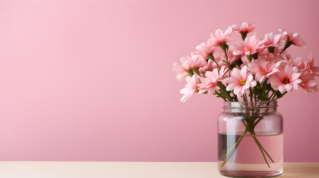 Pink flowers in a vase on a white table with a light background,,
Vintage feminine photo of a summer still life scene with rustic design The composition includes an enamel mug a bouquet of wild flowe
