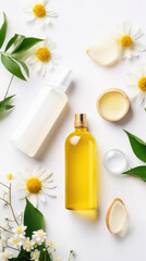 Natural cosmetic products with chamomile flowers on a white background