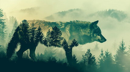 Giant wolf in double exposure of forest misty mountains. Protecting spirit of nature concept