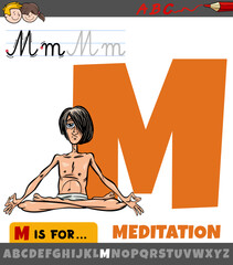 letter M from alphabet with cartoon meditation word