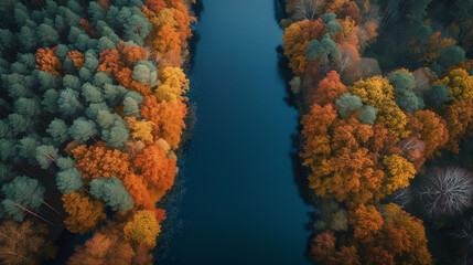 Serene river through autumn-colored forest