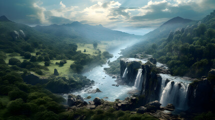 Waterfall in the forest with mountains and forest landscape.,,beautiful waterfall in the forest with flowers and rocks. 


