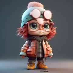 Fototapeta premium 3D illustration of a cute cartoon girl. A beautiful girl is alone on the street, dressed in stylish demi-season clothes, a hat and with a backpack.