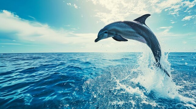 A happy dolphin jumping high above the crystal clear water.