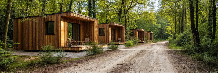 dans un camping moderne, des bungalows en bois le long d'un chemin de Terre dans la forêt - obrazy, fototapety, plakaty