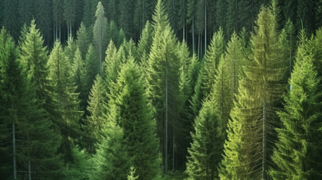 Aerial view of coniferous forest. Pine trees in the summer forest .