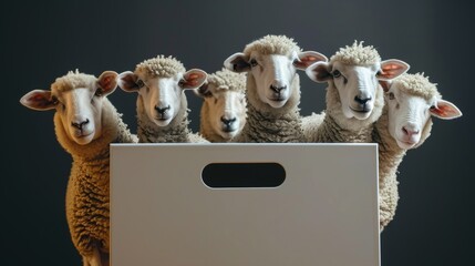 Sheep voting at the ballot box, manipulated by politics and the media. - obrazy, fototapety, plakaty