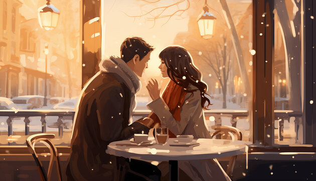 Lovers having a romantic caf&eacute; rendezvous, valentine's day