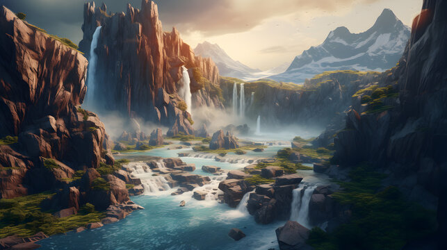 Mountain river flows through a fantasy landscape gorge. a big blue lake in the middle of the mountains. fabulous nature, amazing seascape. illustration,,Waterfall Landscape Painting in Nature Backgro © Abdul