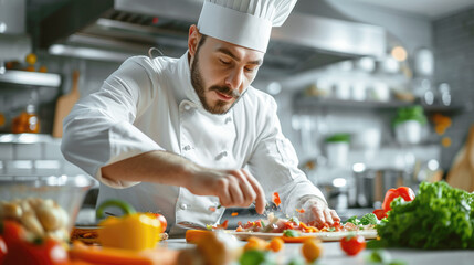 The restaurant's chef is cooking with concentration, wearing a snow-white uniform. Close-up, dynamic shot. - obrazy, fototapety, plakaty