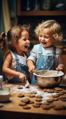 Cute little girl and boy baking cookies in the kitchen at home