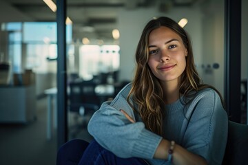 Obraz premium Young happy cheerful professional business woman, happy laughing female office worker wearing glasses looking away at copy space advertising job opportunities or good business services, generative ai
