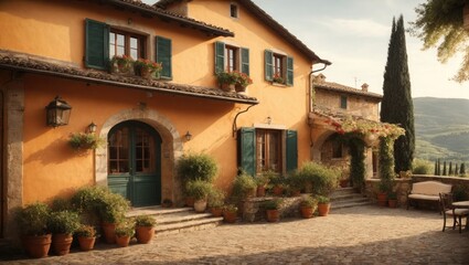 Fototapeta na wymiar Italian style ancient home with windows and plants. 