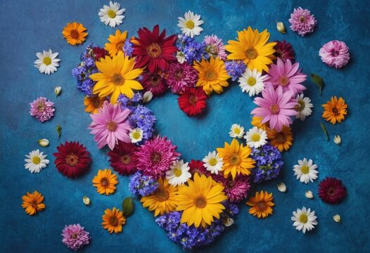 A colorful heart of flowers on a blue surface, created by a top view of a variety of flowers in different hues and sizes