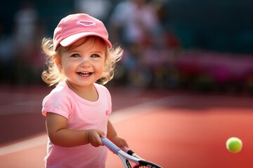 Toddler girl tennis player holding racket in hand - obrazy, fototapety, plakaty