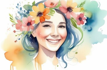 Watercolor drawing of a smiling girl with flowers in her hair
