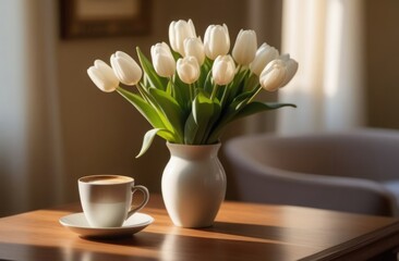 Bouquet of white tulips with a cup of coffee on the kitchen table
