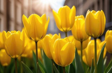 Obraz premium A flowerbed of yellow tulips against the backdrop of a city with sun rays