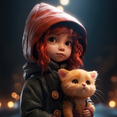 Close-up of a child in a dark jacket and hood holding a fluffy cat against a blurred background. Warmth, comfort, autumn or winter evening atmosphere.