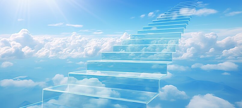 Ascending glass stairs leading to the boundless blue sky as a symbol of success and achievement