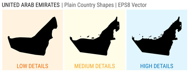 UAE - plain country shape. Low, medium, and high detailed maps of UAE. EPS8 Vector illustration.