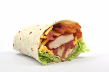 chicken tortilla wrap with lettuce cheddar bacon an sauce on white background