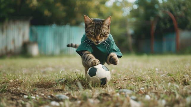 Action photograph of cat wearing a blue t-shirt playing soccer Animals. Sports