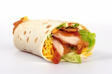 chicken tortilla wrap with lettuce cheese bacon an sauce on white background