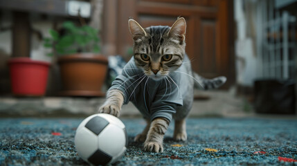 Action photograph of cat wearing a grey t-shirt playing soccer Animals. Sports